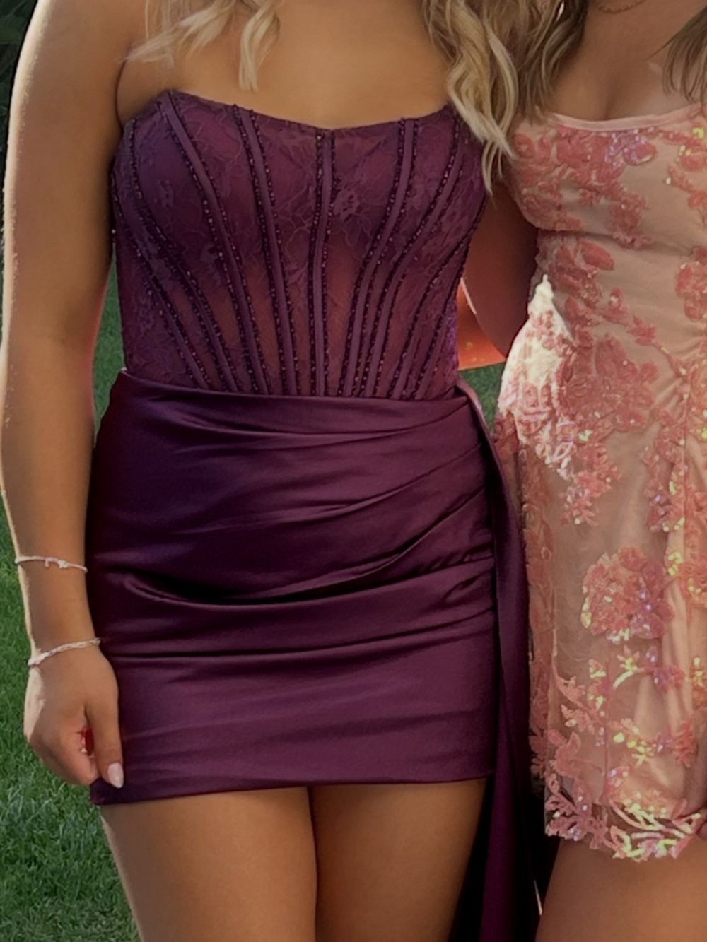 Plum satin size 4 Homecoming dress, corset with train